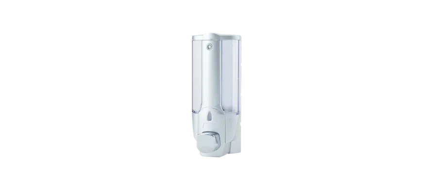 Duvar tipi basmalı şampuanlık ABS plastik 380ml şeffaf gövdeli banyo dispenseri.