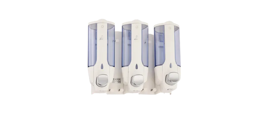 Otel şampuanlık 3lü set ABS plastik 3x380ml şeffaf hazneli duvara monte dispenser.