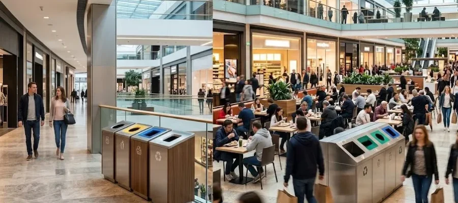 Modern bir alışveriş merkezinde (AVM), farklı ziyaretçi yoğunluklarına göre konumlandırılmış ahşap ve paslanmaz çelik sıfır atık geri dönüşüm kutuları.