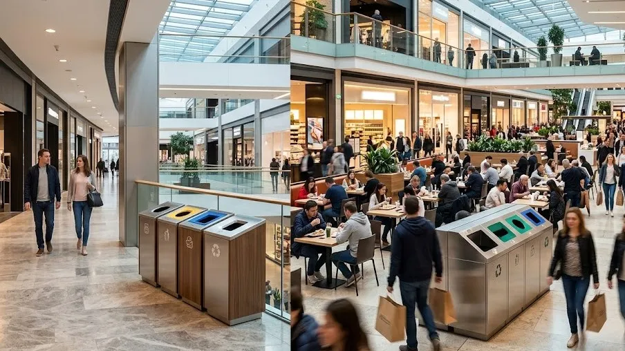 AVM Atık Kutuları Nasıl Olmalı? Modern bir alışveriş merkezinde (AVM), farklı ziyaretçi yoğunluklarına göre konumlandırılmış ahşap ve paslanmaz çelik sıfır atık geri dönüşüm kutuları.
