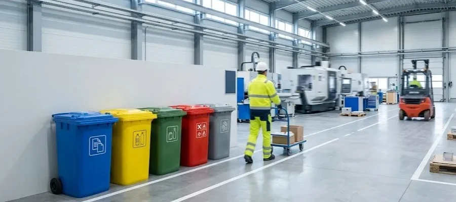 Modern bir endüstriyel fabrika üretim alanında, farklı atık türleri (kağıt, plastik, cam, tehlikeli, metal) için sembollerle işaretlenmiş renk kodlu geri dönüşüm kutularının düzenli bir şekilde sıralandığı blog ana görseli.