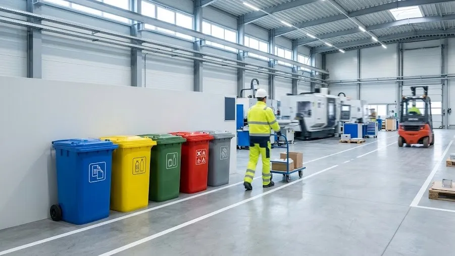 Modern bir endüstriyel fabrika üretim alanında, farklı atık türleri (kağıt, plastik, cam, tehlikeli, metal) için sembollerle işaretlenmiş renk kodlu geri dönüşüm kutularının düzenli bir şekilde sıralandığı blog ana görseli.