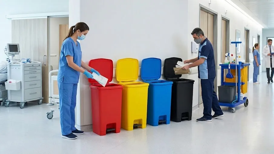 Hastane koridorunda tıbbi atık, evsel atık ve ambalaj atıklarını renk kodlu sıfır atık kutularına ayrıştıran sağlık personelleri.