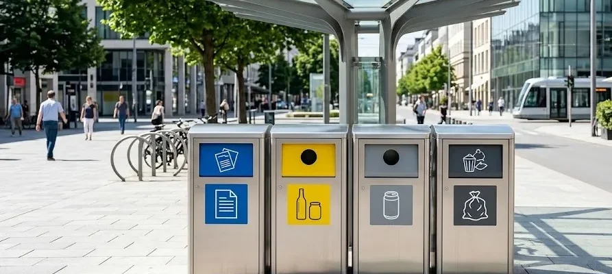 Modern kent meydanında konumlandırılmış, paslanmaz çelik gövdeli ve renk kodlu dörtlü sıfır atık ve geri dönüşüm kutuları.