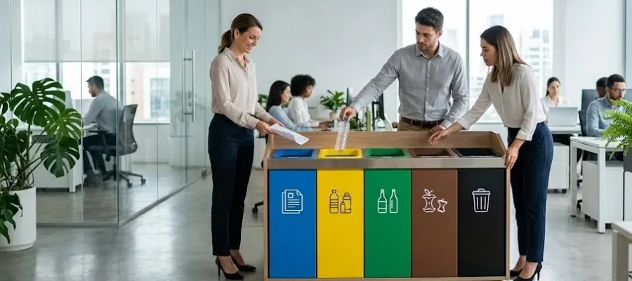 Modern bir ofis ortamında renk kodlu sıfır atık istasyonunu kullanan ve atıklarını geri dönüşüm kutularına ayıran kurumsal şirket çalışanları.