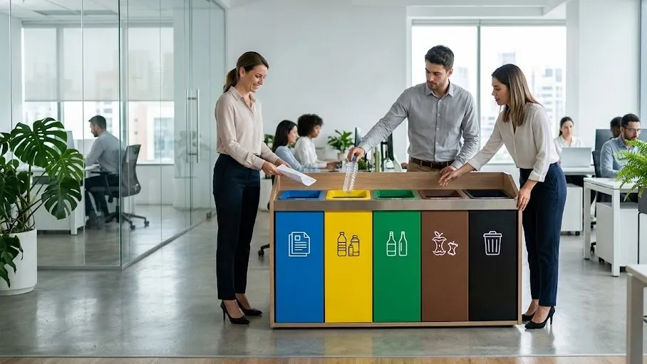 Modern bir ofis ortamında renk kodlu sıfır atık istasyonunu kullanan ve atıklarını geri dönüşüm kutularına ayıran kurumsal şirket çalışanları.