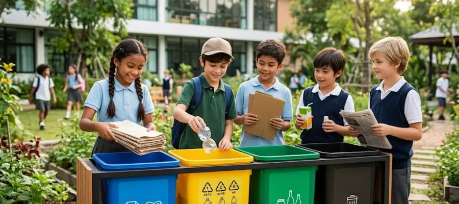 Okul bahçesinde yer alan renk kodlu sıfır atık kutularına kağıt, plastik ve cam atıklarını ayrıştırarak atan öğrenciler.