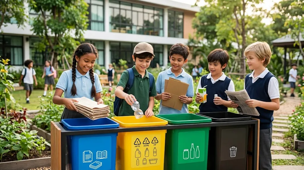Okullarda Atık Ayrıştırma Bilinci Nasıl Kazandırılır? Okul bahçesinde yer alan renk kodlu sıfır atık kutularına kağıt, plastik ve cam atıklarını ayrıştırarak atan öğrenciler.