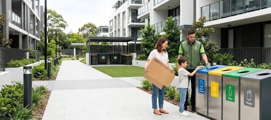 Modern bir konut sitesinin ortak alanında, çevreye duyarlı sakinler tarafından kullanılan yönetmeliğe uygun renk kodlu paslanmaz sıfır atık kutuları ve geri dönüşüm istasyonu.