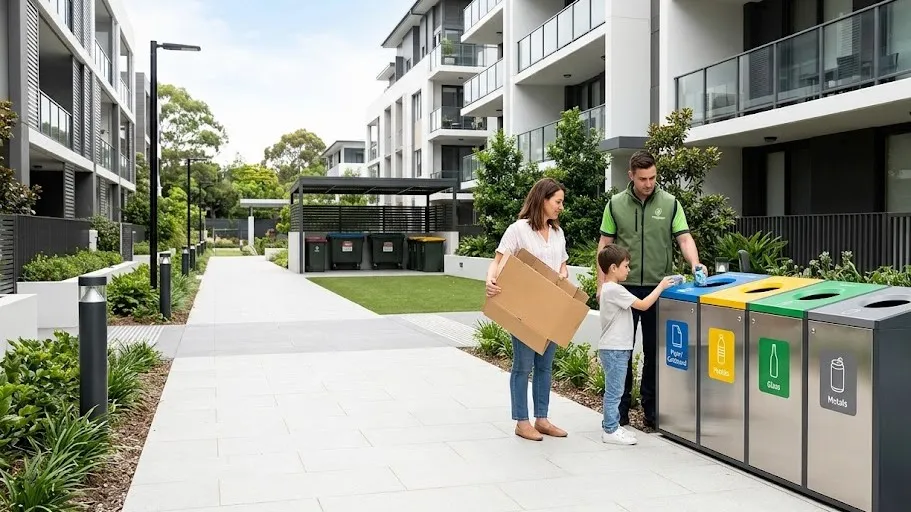 Apartman ve Sitelerde Sıfır Atık Nasıl Ayrıştırılır? Modern bir konut sitesinin ortak alanında, çevreye duyarlı sakinler tarafından kullanılan yönetmeliğe uygun renk kodlu paslanmaz sıfır atık kutuları ve geri dönüşüm istasyonu.