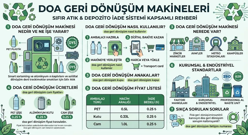 Doa Geri Dönüşüm Makineleri: Depozito İade Sistemi Kapsamlı Rehberi Doa geri dönüşüm makinesi nasıl kullanılır, güncel fiyat listesi ve kurumsal sıfır atık standartlarını gösteren detaylı infografik.