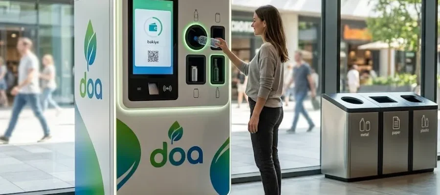 Modern bir kurumsal tesiste doa geri dönüşüm makinesi kullanan kişi ve entegre profesyonel sıfır atık ayrıştırma üniteleri.
