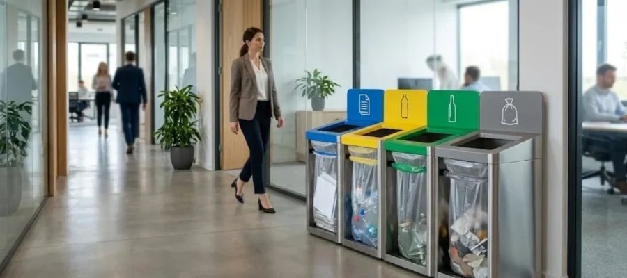 Modern bir ofis koridorunda konumlandırılmış, mavi, sarı, yeşil ve gri renk kodlarına sahip, açık üstlü ve poşet çemberli dörtlü paslanmaz sıfır atık istasyonu.