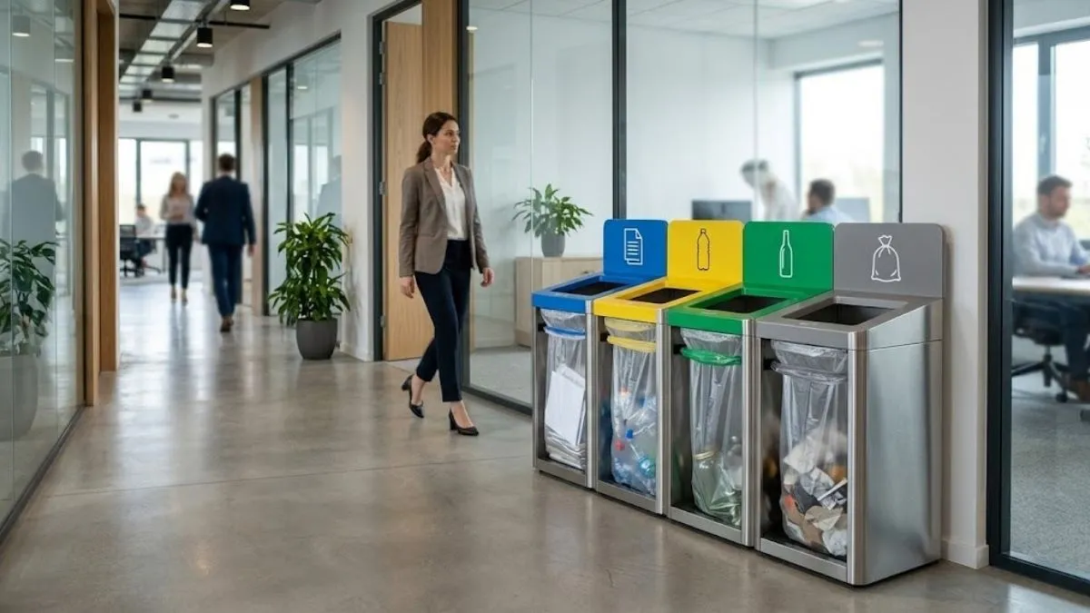 Modern bir ofis koridorunda konumlandırılmış, mavi, sarı, yeşil ve gri renk kodlarına sahip, açık üstlü ve poşet çemberli dörtlü paslanmaz sıfır atık istasyonu.