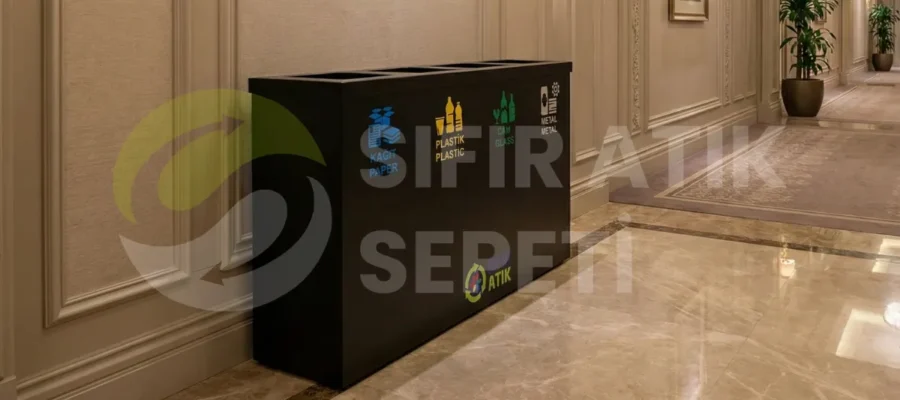 Dar bir koridorda, duvara sıfır yanaşmış, renk kodlu ve üzerlerinde "Sıfır Atık" yazısı bulunan pratik, iç kovasız endüstriyel atık ayrıştırma kutuları.
