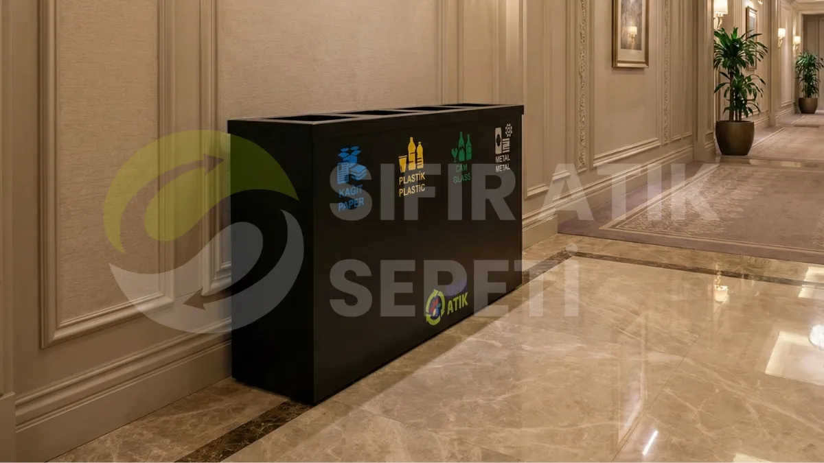 İşletmeler İçin Sıfır Atık Belgesi Nasıl Alınır? Dar bir koridorda, duvara sıfır yanaşmış, renk kodlu ve üzerlerinde "Sıfır Atık" yazısı bulunan pratik, iç kovasız endüstriyel atık ayrıştırma kutuları.