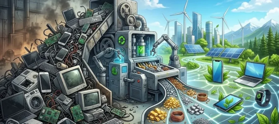 Elektronik atık (e-atık) yığınlarının modern geri dönüşüm tesislerinde işlenerek değerli madenlere ve yeşil enerjiye dönüştürülmesini temsil eden döngüsel ekonomi illüstrasyonu.