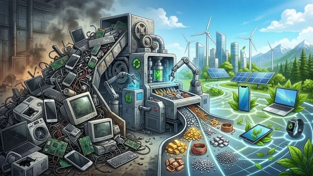 Elektronik atık (e-atık) yığınlarının modern geri dönüşüm tesislerinde işlenerek değerli madenlere ve yeşil enerjiye dönüştürülmesini temsil eden döngüsel ekonomi illüstrasyonu.