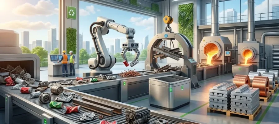 Akıllı sensörler ve robotik kollar kullanılarak ayrıştırılan endüstriyel metal atıkların, yüksek teknolojili fırınlarda eritilip yeni saf metal külçelere dönüştürüldüğü modern geri dönüşüm tesisi.