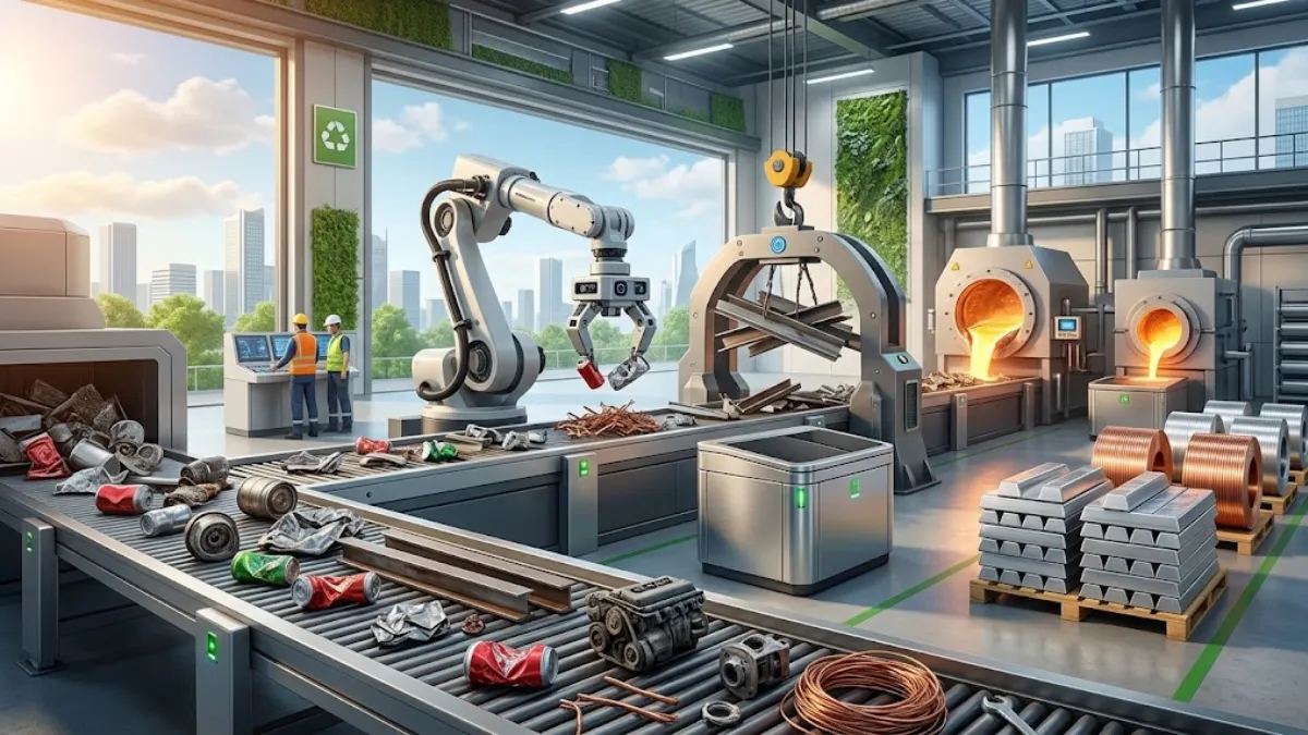 Akıllı sensörler ve robotik kollar kullanılarak ayrıştırılan endüstriyel metal atıkların, yüksek teknolojili fırınlarda eritilip yeni saf metal külçelere dönüştürüldüğü modern geri dönüşüm tesisi.