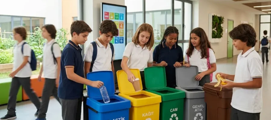 Öğrencilerin okul koridorunda renkli sıfır atık ve geri dönüşüm kutularına plastik, kağıt ve organik atıkları ayrıştırdığı anlar