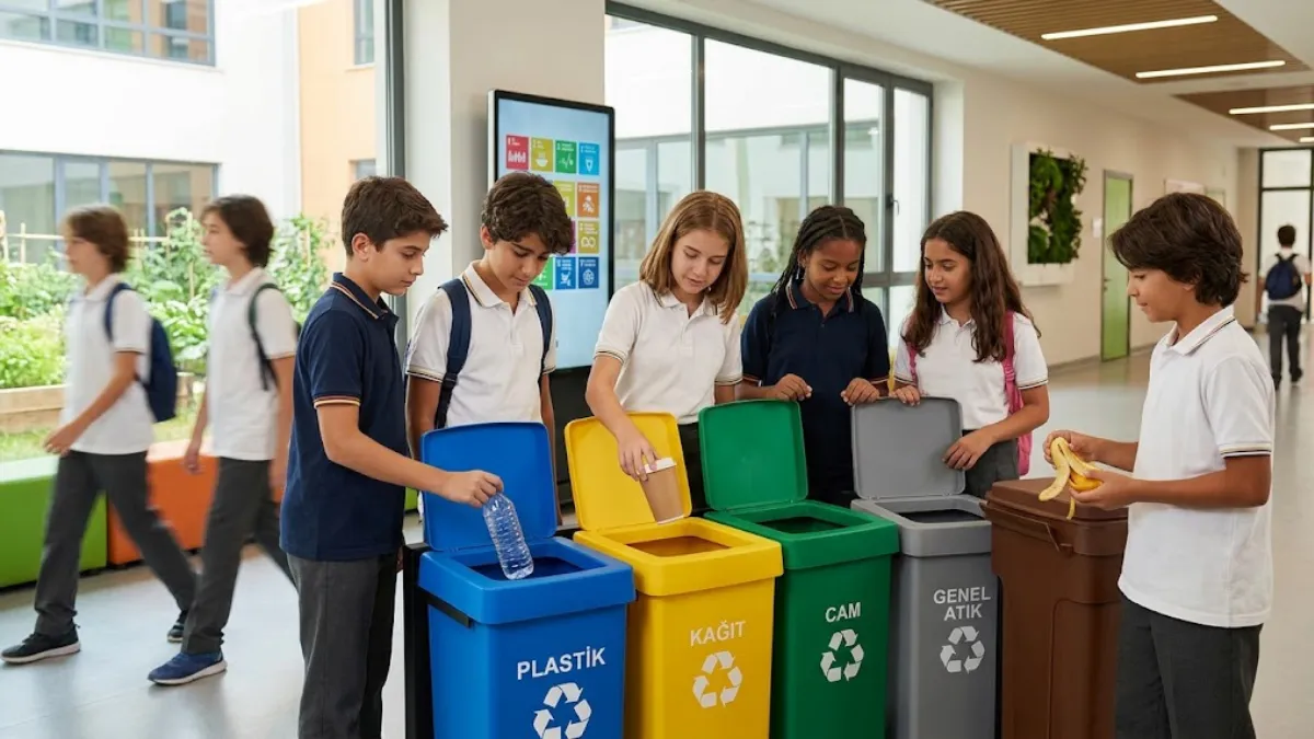 Öğrencilerin okul koridorunda renkli sıfır atık ve geri dönüşüm kutularına plastik, kağıt ve organik atıkları ayrıştırdığı anlar