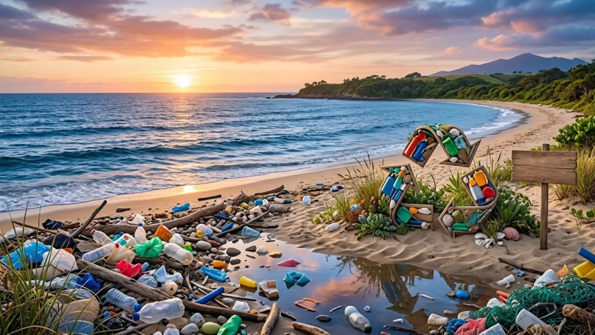 Plastik Atıklar: Kapsamlı Rehber Plastik atık kirliliğinin okyanuslara etkisi ve doğaya uyumlu geri dönüşüm sembolünü gösteren sahil manzarası.