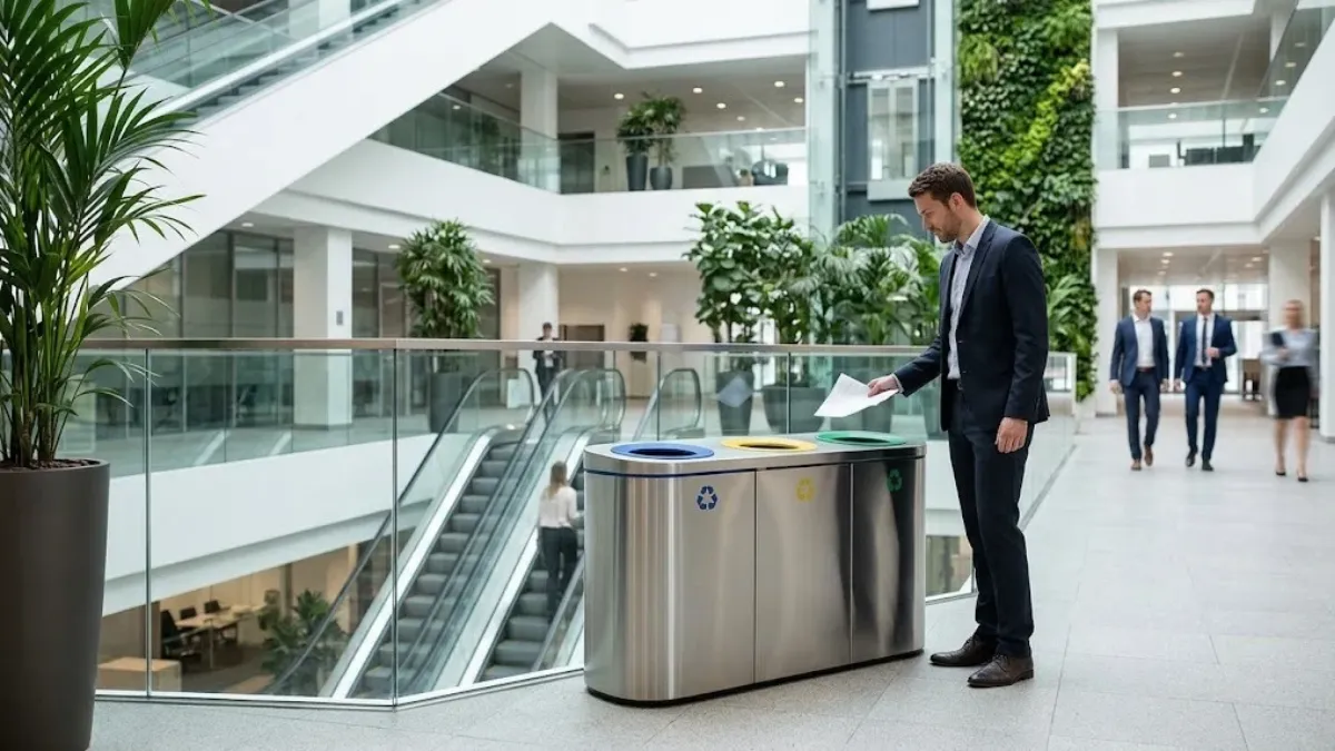 Finans Merkezlerinde Sıfır Atık Sistemi Nasıl Kurulur? Modern bir plaza lobisinde paslanmaz çelik sıfır atık ünitesine geri dönüştürülebilir atık atan profesyonel banka çalışanı.