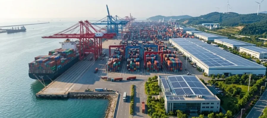 Güneş panelleri ve rüzgar türbinleri ile donatılmış, uluslararası Yeşil Liman (Green Port) standartlarına uygun çevre dostu modern konteyner limanı.