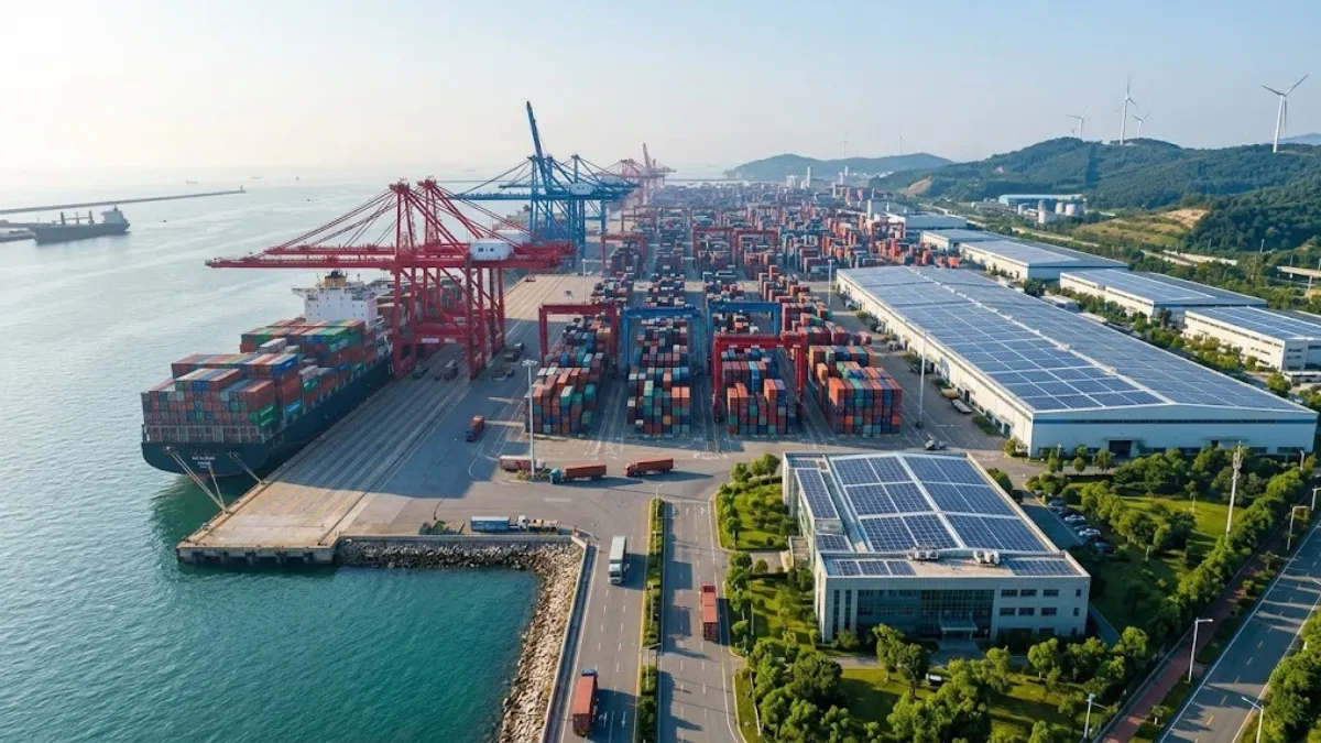 Güneş panelleri ve rüzgar türbinleri ile donatılmış, uluslararası Yeşil Liman (Green Port) standartlarına uygun çevre dostu modern konteyner limanı.