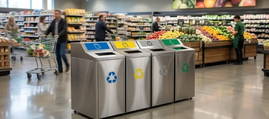 Modern bir zincir marketin içerisinde reyonlar ve alışveriş yapan insanların yanında konumlandırılmış, paslanmaz çelikten dörtlü sıfır atık geri dönüşüm kutuları ve istasyonu.
